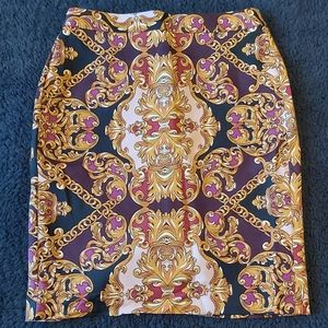 Worthington Gold Baroque Print Pencil Skirt with Black and Purple Accents